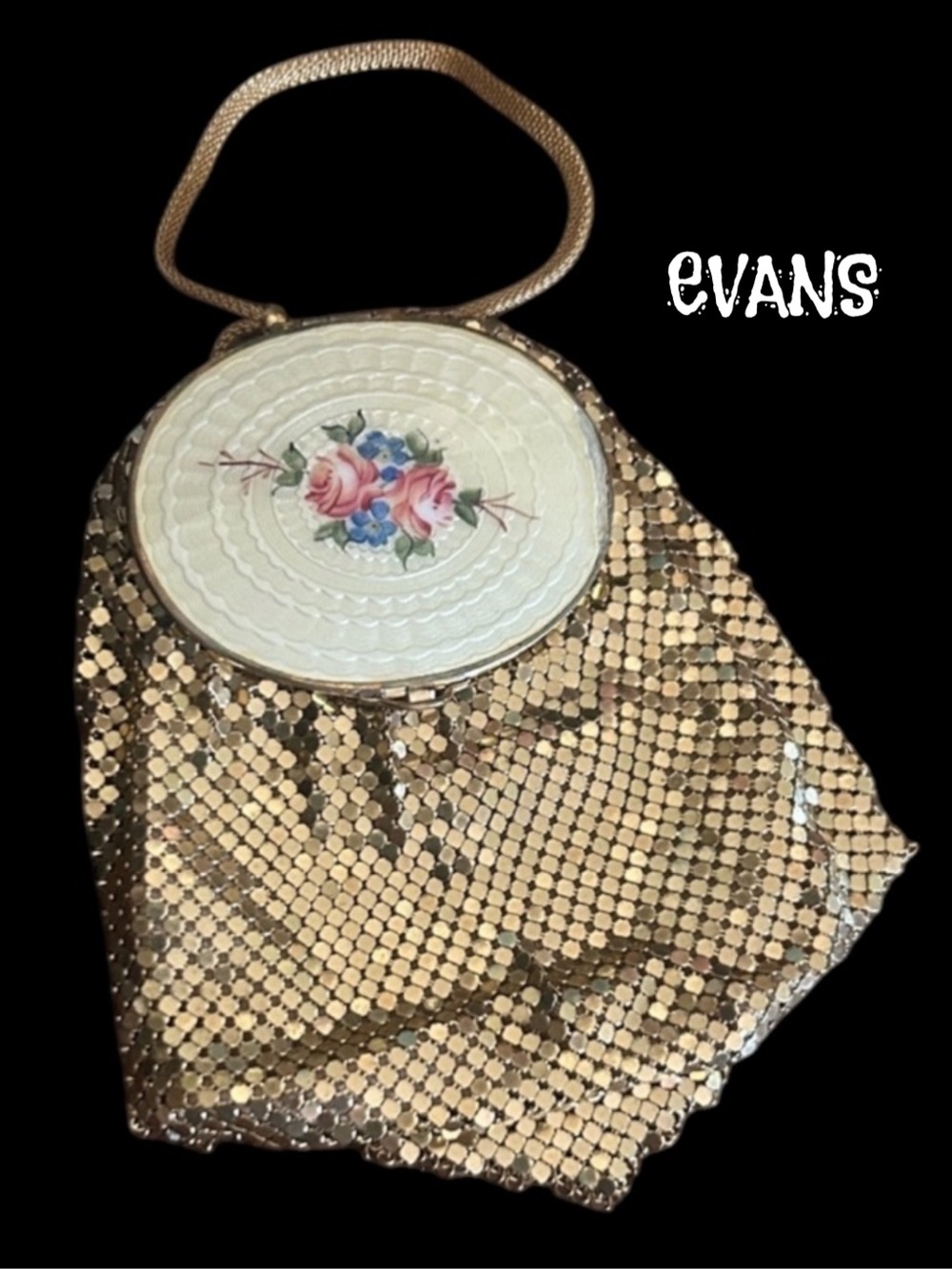 Vintage Evans Gold Metal Mesh Bag with Top Guilloche Enamel Rouge Compartment